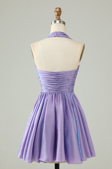 Purple Halter Open Back Sleeveless A Line Homecoming Dress